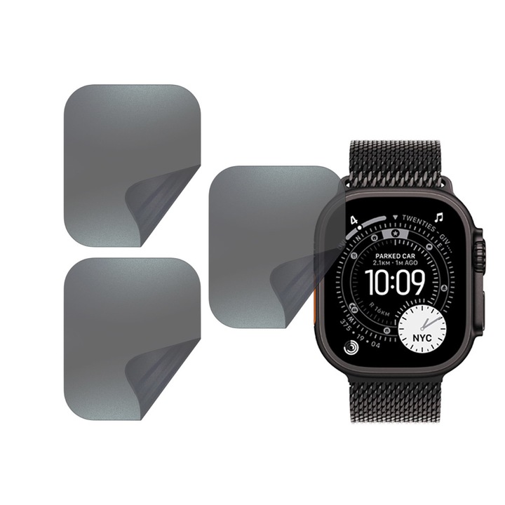 Set 3 x Folie de Protectie PRIVACY pentru Apple Watch Ultra 3, Silicon Hydrogel Regenerabil, Flexible Hydro-Crystal, Instalare Usoara, Optim Full Protection, Negru