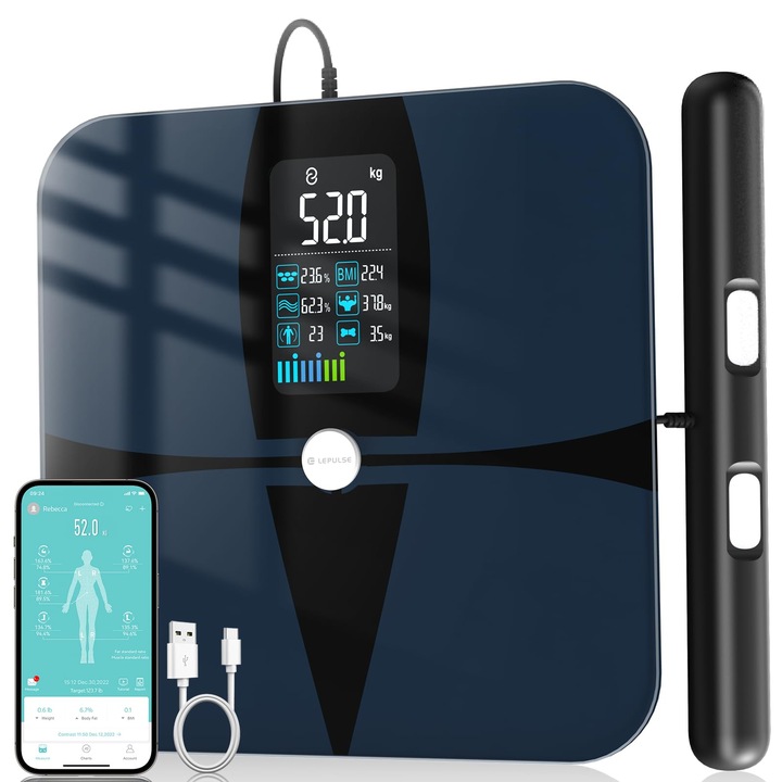 Умен кантар LePulse Professional, 18 телесни показателя, 8 сензора за анализ, 20 телесни показателя, доклад за развитието на потребителя, интеграция с IOS/Android, син