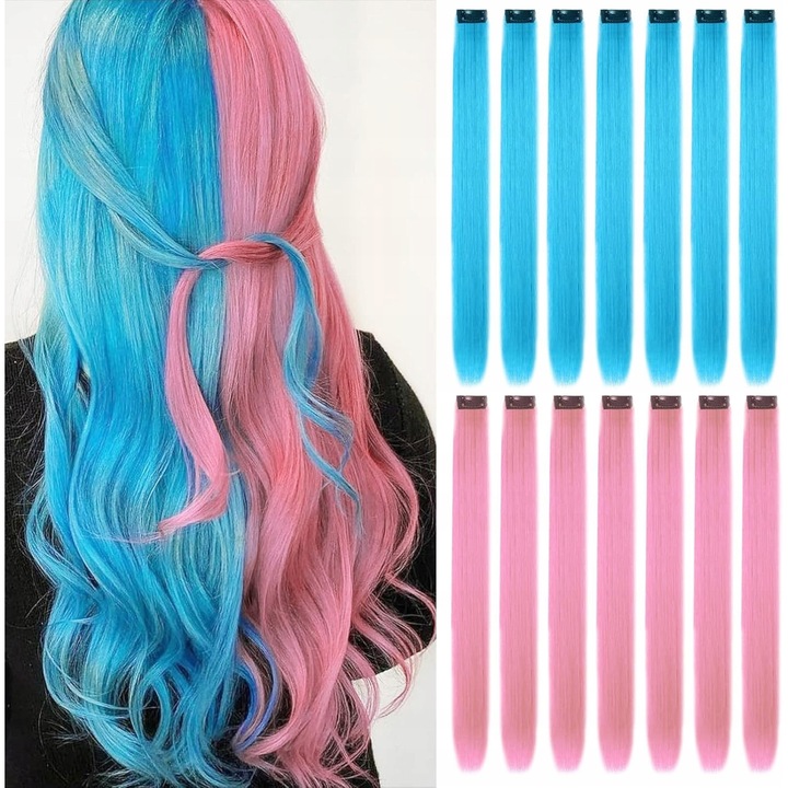 Set extensii par sintetic, 16 fire, 55cm, culoare albastra, usor de aplicat