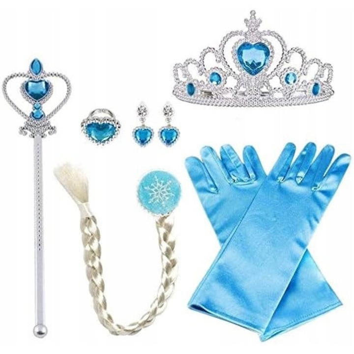 Costum de printesa Elsa, set 7 in 1, accesorii, albastru, pentru copii de la 3 ani
