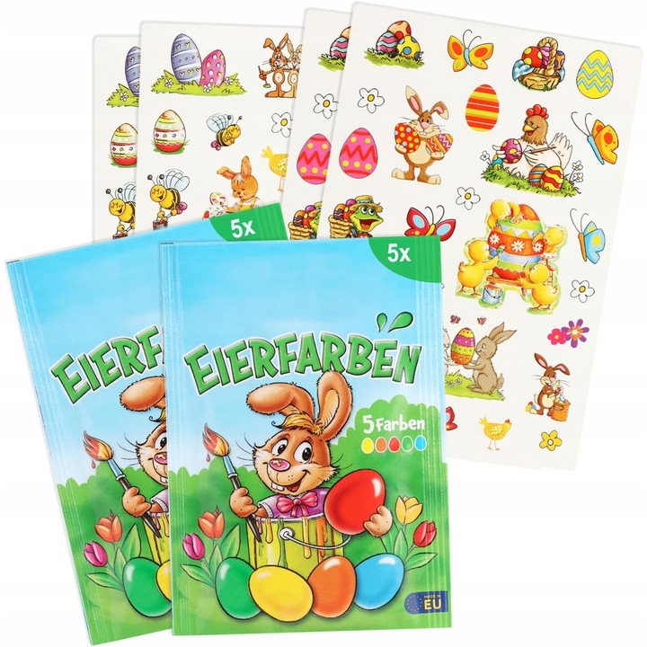 Комплект боя за яйца, 10x цвята, 100x стикера, великденска тематика, цветна опаковка