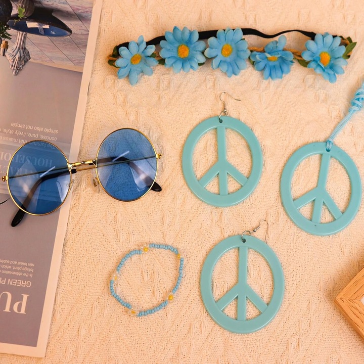 5 részes hippi kiegészítő szett, vintage stílusú, többszínű, tematikus partikra, farsangi jelmezekhez