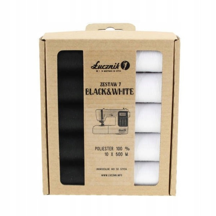 10 darabos készlet, Lucznik varrógép cérna Black&White, 100% poliészter, strapabíró, fekete/fehér, 10 x 500 m