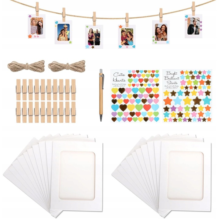 Set rame foto DIY 15cm, 20 buc, cu clipsuri, sfoara, stickere si marker, alb