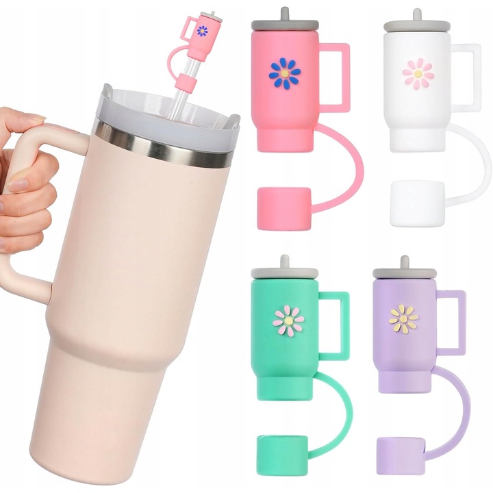Set 4 capace pentru paie, compatibile cu paie de 10 mm, material plastic, usor de curatat, multicolor, pentru cani Stanley