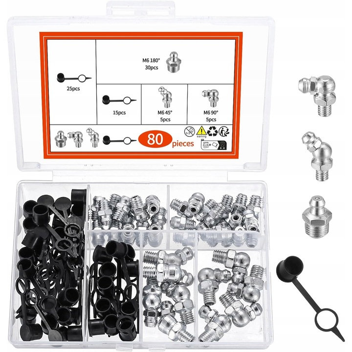 Set 80 bucati capete de ungere M6, 3 unghiuri, material zincat, rezistent la temperaturi ridicate, pentru masini si vehicule