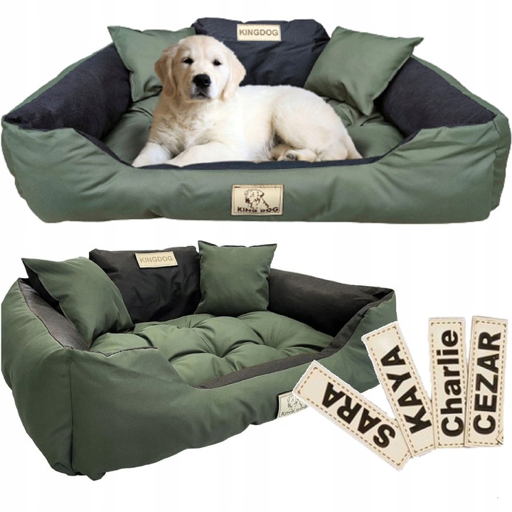 Culcus pentru caini KingDog, set cu 2 perne, impermeabil, verde inchis, 100x75cm