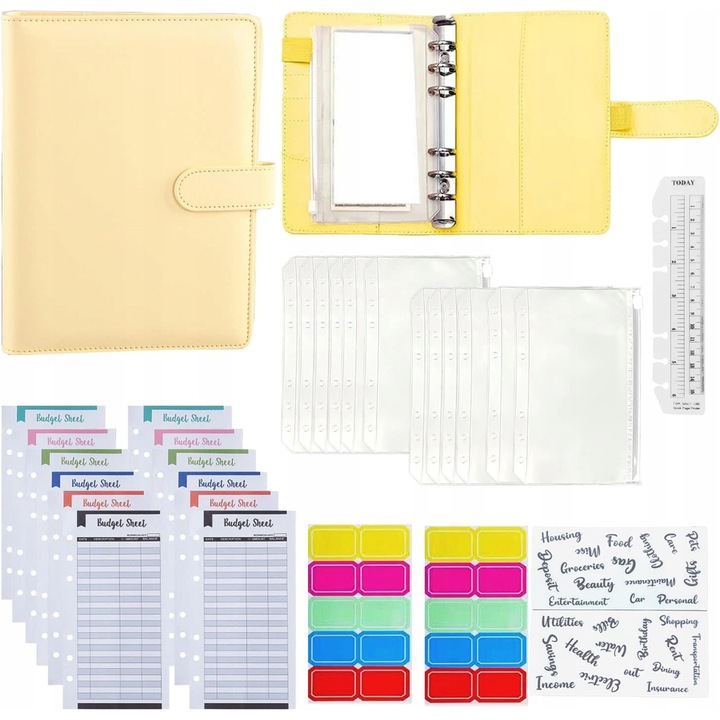 Organizer bugetar A6, 30 piese, 12 buzunare cu fermoar, galben