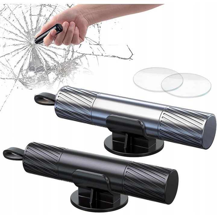 Mlotek de urgenta 2 in 1 pentru masina, taietor de centuri, dimensiuni 8,8x2cm, utilizare sub apa, set de siguranta auto