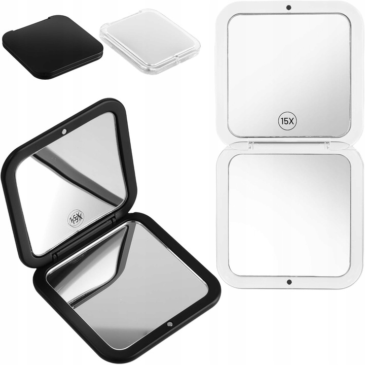 Oglinda cosmetica set 2 bucati, alb/negru, 8,5x1,7cm, dubla fata, 1x, 15x marire, pliabila, cu inchidere magnetica
