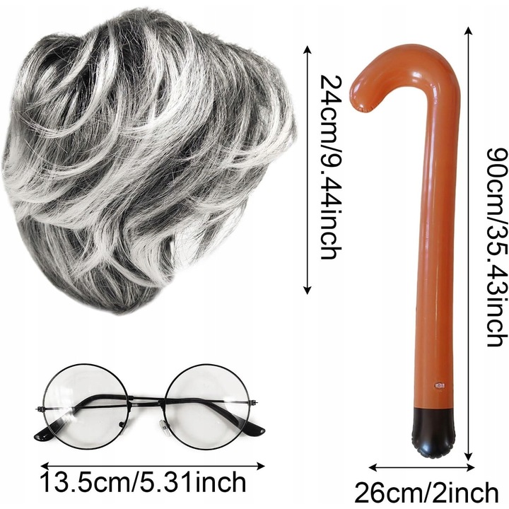 Costum Dziadek, 3 piese, peruca gri, ochelari, bat umflat, carnaval, Halloween