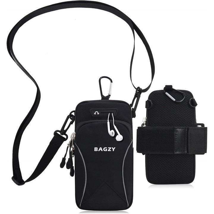 Sport övtáska, fekete, vízálló, 18x9x2cm, 6,5 hüvelyk alatti telefonhoz, 2 zseb, fekete