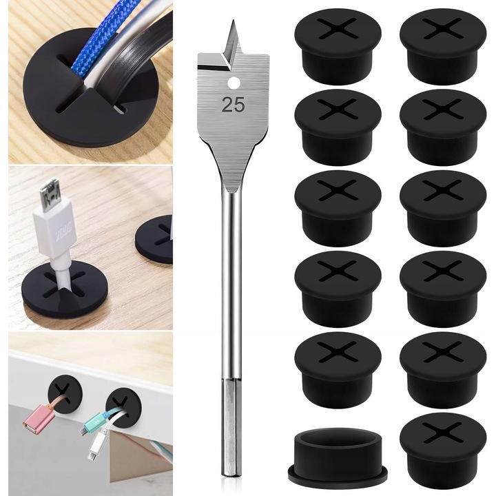 Set 12 inele pentru cabluri din silicon, 2,9 cm, organizare cabluri, negru