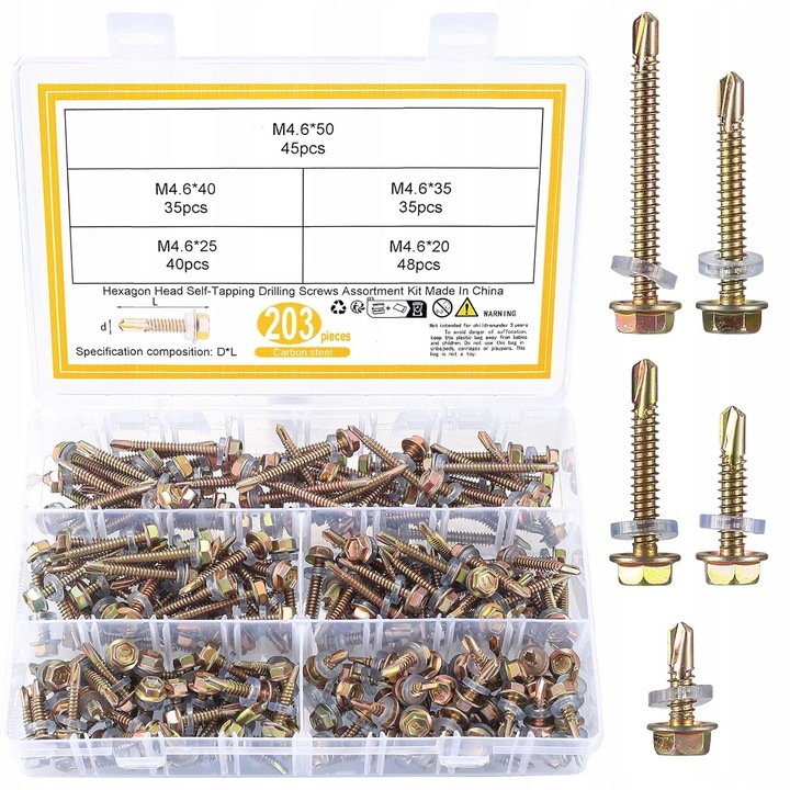 Set de 203 suruburi auto-filetante M4.6, otel carbon, finisaj zincat, dimensiuni variate 20x50mm