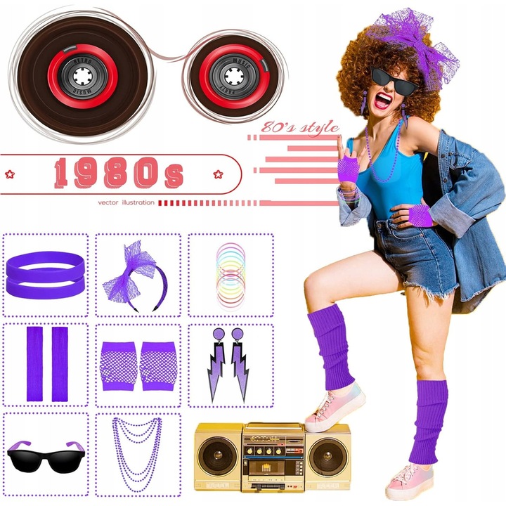 Set de accesorii retro anii '80, 8 piese, neon, universal