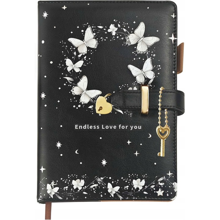 Caiet cu lacat in forma de inima, 200 pagini, A5, 21,8x14,5cm, negru