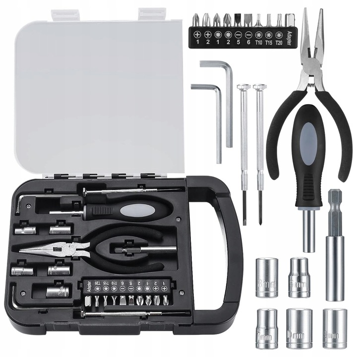 Set unelte reparatii DIY, 22 elemente, cutie de depozitare, negru