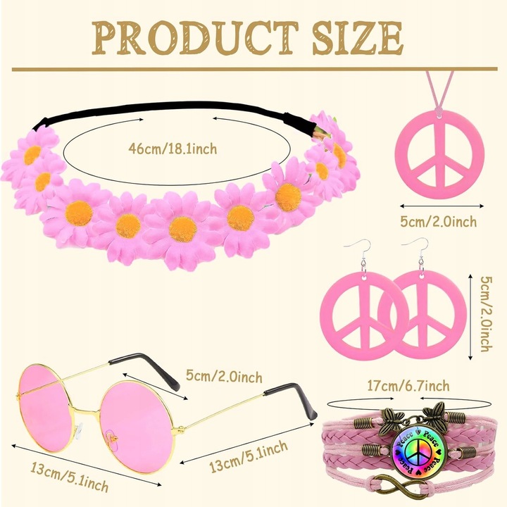 Hippie kiegészítő szett nőknek, fejpánt, szemüveg, nyaklánc, fülbevaló, karkötő, többszínű, szemüveg mérete 13x13cm
