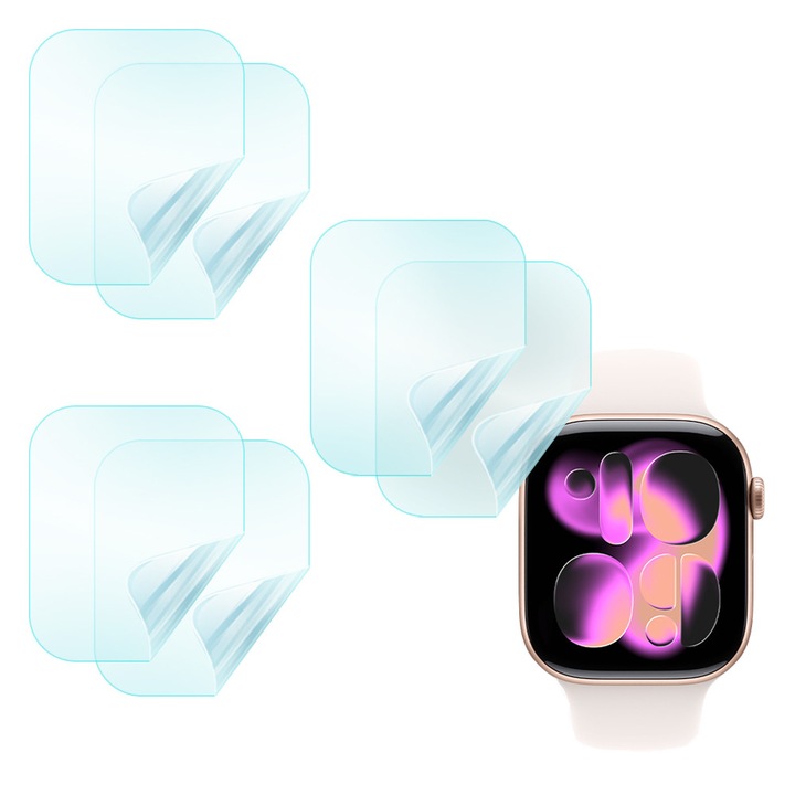 Set 6x Folii de Protectie pentru Apple Watch Series 11 46mm, Silicon Hydrogel Regenerabil, Flexible Hydro-Crystal, Instalare Usoara, Full Protection, Clear