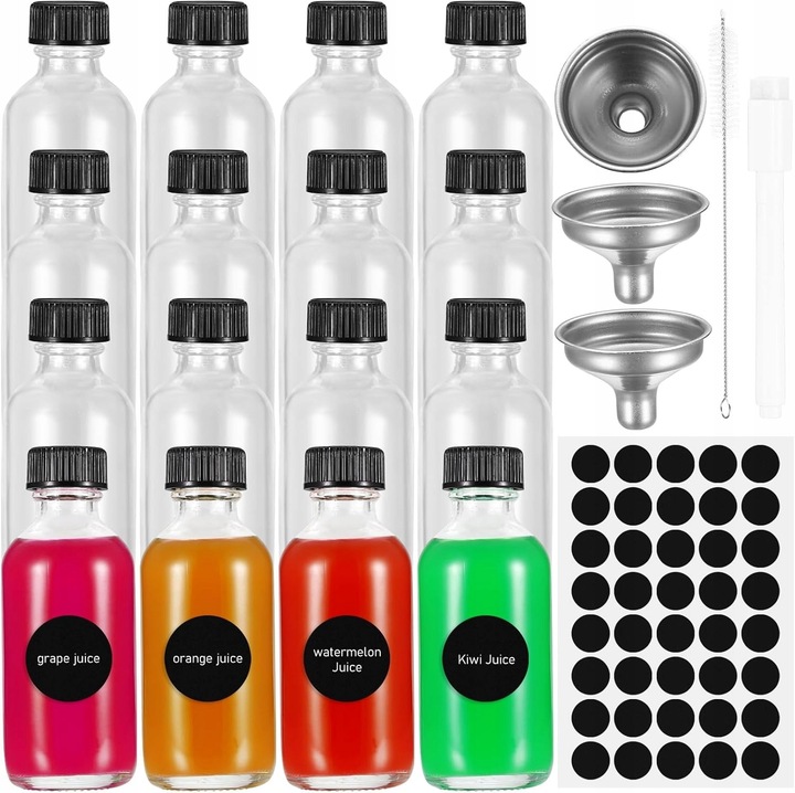 Set 12 sticle din sticla 60ml cu capac, accesorii pentru umplere, etichete si perie de curatare