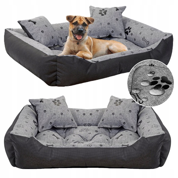 Culcus pentru caini, model cu oscioare negre, gri, 115x95cm, set cu 2 perne, waterproof