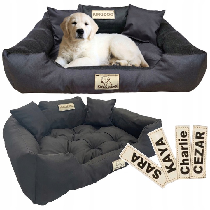 Culcus pentru caini KingDog, impermeabil, personalizat, 100x75cm, negru, cu 2 perne