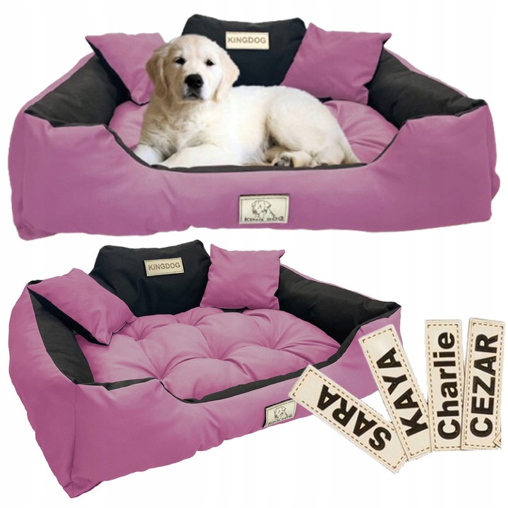 Culcus pentru caini KingDog, personalizat, roz, 100x75cm, cu 2 perne, waterproof
