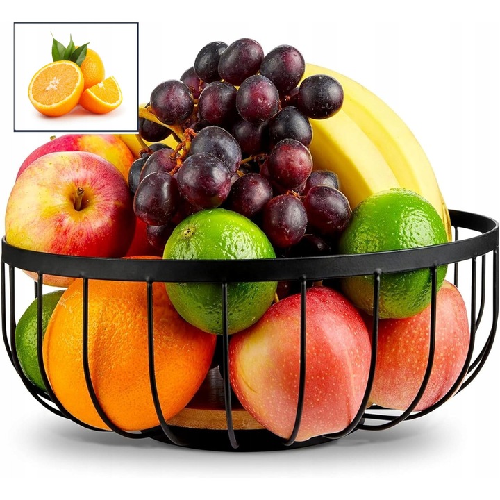 Cos pentru fructe, 28cm, design modern, otel, bambus, negru