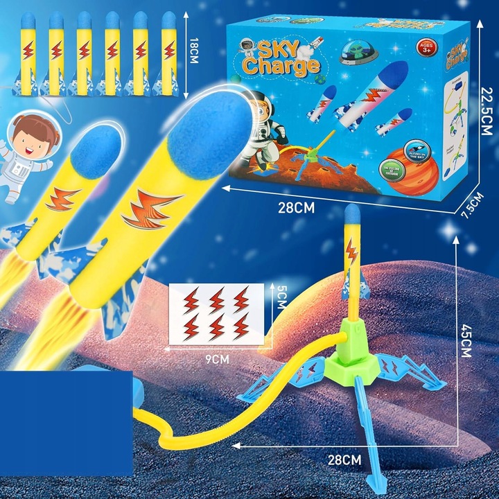 Racheta de zburat cu pompa, jucarie interactiva pentru copii, distanta maxima 20m, usor de transportat, set complet