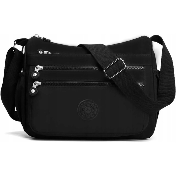 Geanta dama, neagra, din nylon waterproof, cu multe buzunare, design elegant, utilizare zilnica