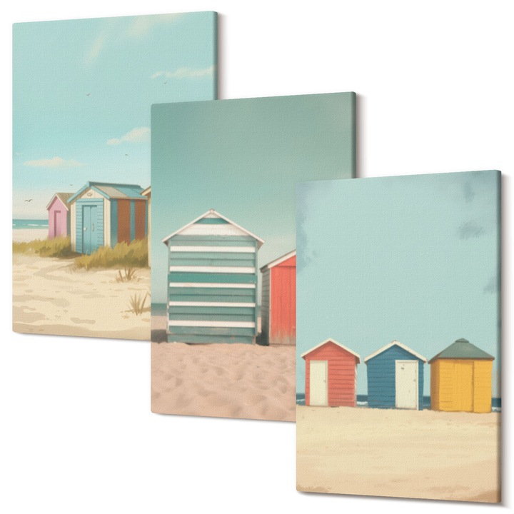 Set tablouri, Wallfluent, Case colorate plaja soare, 3 piese, 40x60cm