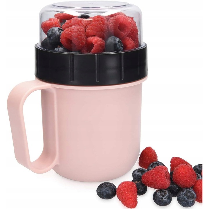 Cutie alimentara cu doua compartimente, 520ml/230ml, pentru muesli si iaurt, roz