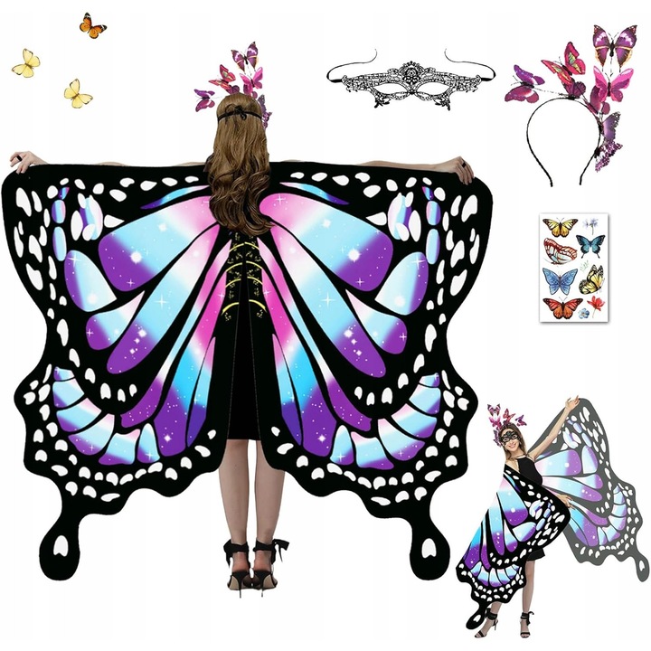 Costum de fluture pentru copii, set 4 piese, pelerina 160x148cm, masca, diadema, multicolor