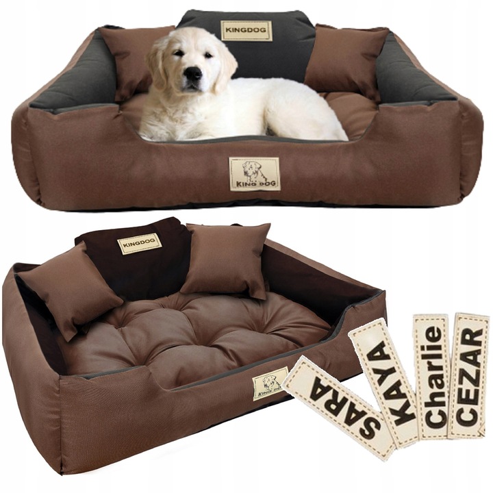 Culcus pentru caini KingDog, impermeabil, personalizat, 100x75cm, culoare maro, cu 2 perne