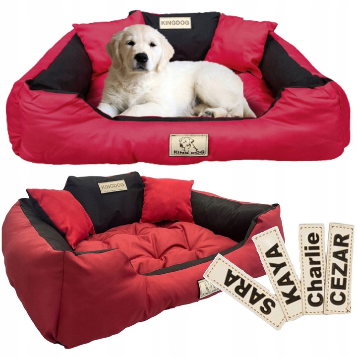 Culcus pentru caini KingDog, waterproof, personalizat, 100x75cm, rosu, cu 2 perne