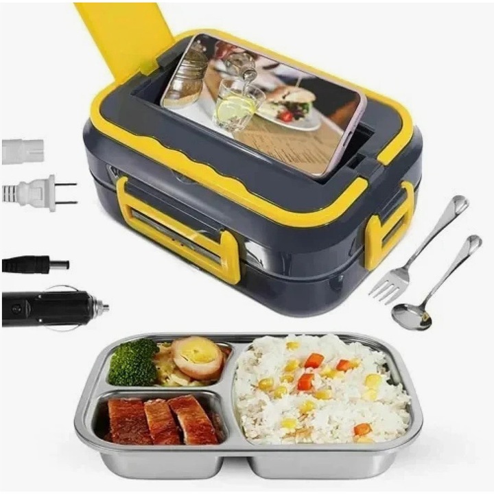 Elektromos ebédlődoboz – 3 rekeszes rozsdamentes acél tálca és fém evőeszközök, 1,5 l, 900 ml, Méretek 25,5 cm x 19 cm x 12 cm