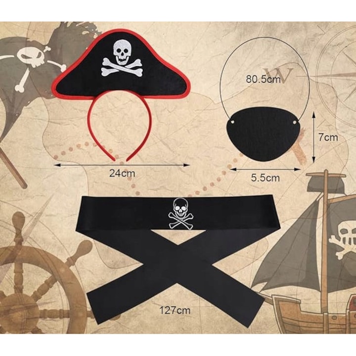 Set costum pirat pentru copii, rosu-negru, include brau, bentita si patch, dimensiune 98-104