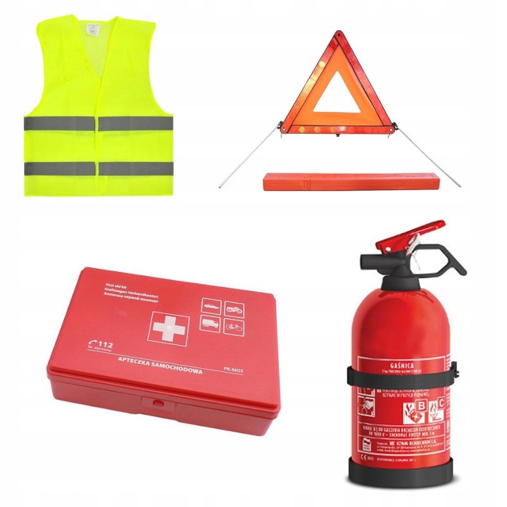 Set siguranta auto: trusa de prim ajutor, stingator, triunghi de avertizare, vesta reflectorizanta