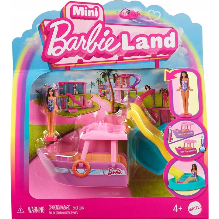 Mini BarbieLand játékszett járművel, 3,8 cm-es Barbie-val, színváltó funkcióval, többszínű