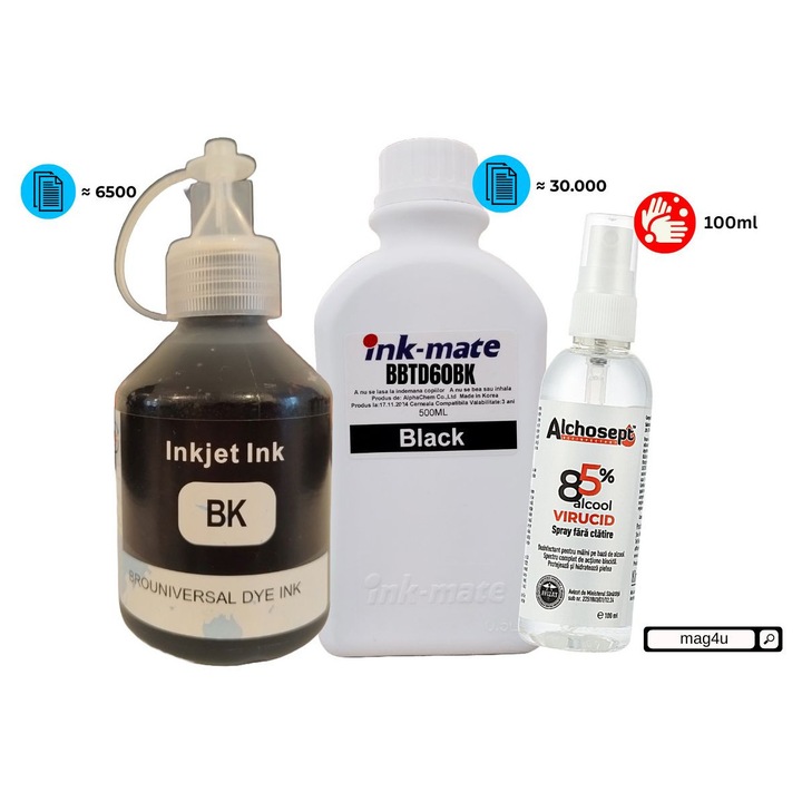 Set Compatibil Brother BDT60BK Cartus Cerneala cu picurator-6500 pagini + Flacon Cerneala InkMate - 500ml si Dezinfectant ALCHOSEPT 100ml-Pentru Maini