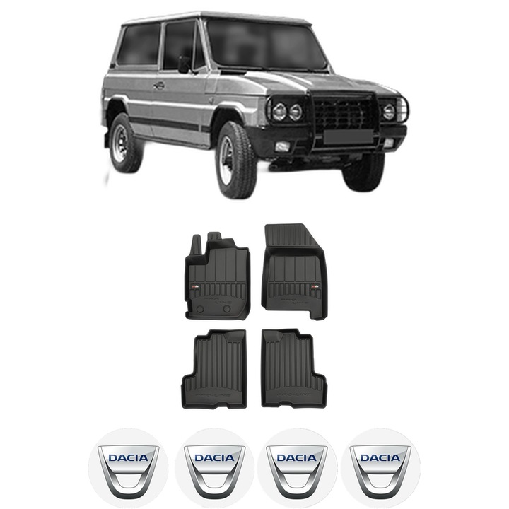 Set covorase presuri DACIA DUSTER din 2010-2023, auto, din cauciuc thermoplastic, 4 Stickere auto cu DACIA
