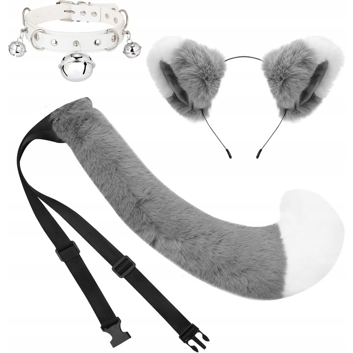 Set accesorii costum de pisica, urechi pufoase, coada, choker, pentru Halloween, carnaval
