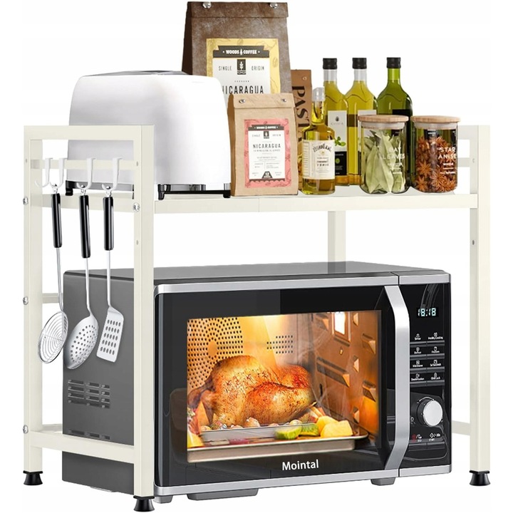 Állítható mikrohullámú sütő polc, 2 szintes, 8 kampó, 50kg, fehér