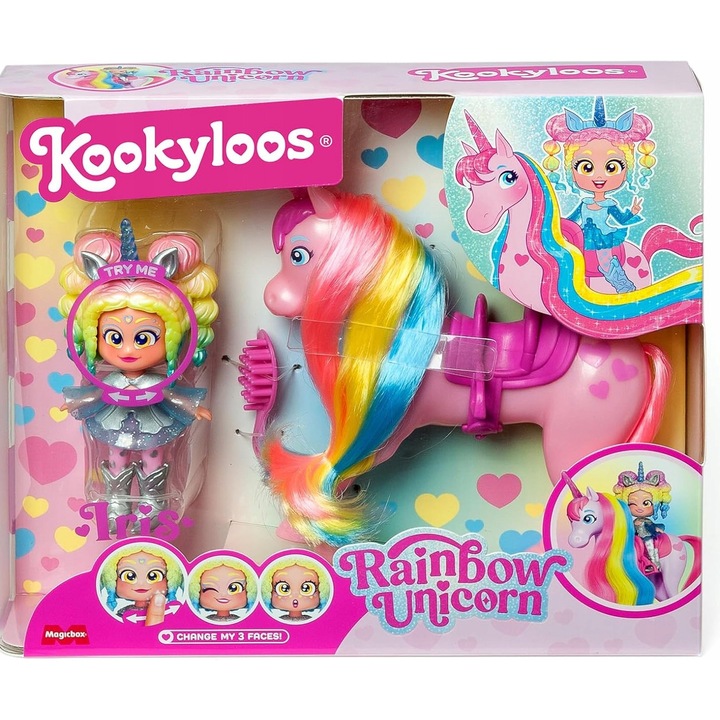 KookyLoos Rainbow Unicorn baba, többszínű, formázható hajjal, cserélhető arckifejezésekkel