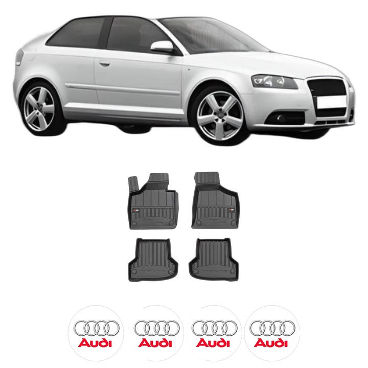 Set covorase presuri AUDI A3 | 8P din 2018-2021, auto, din cauciuc thermoplastic, 4 Stickere auto cu AUDI