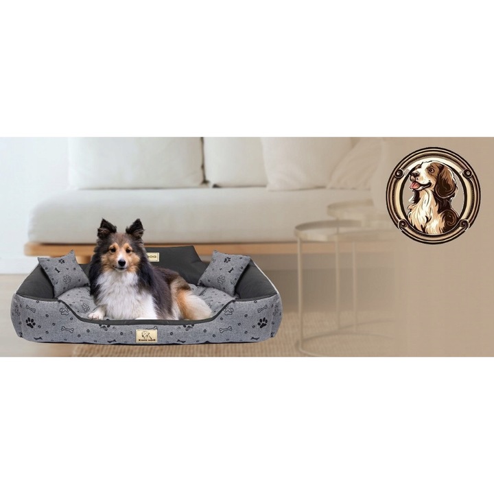Culcus pentru caini KING DOG personalizat, gri cu model oase negre, 100x75cm, include 2 perne
