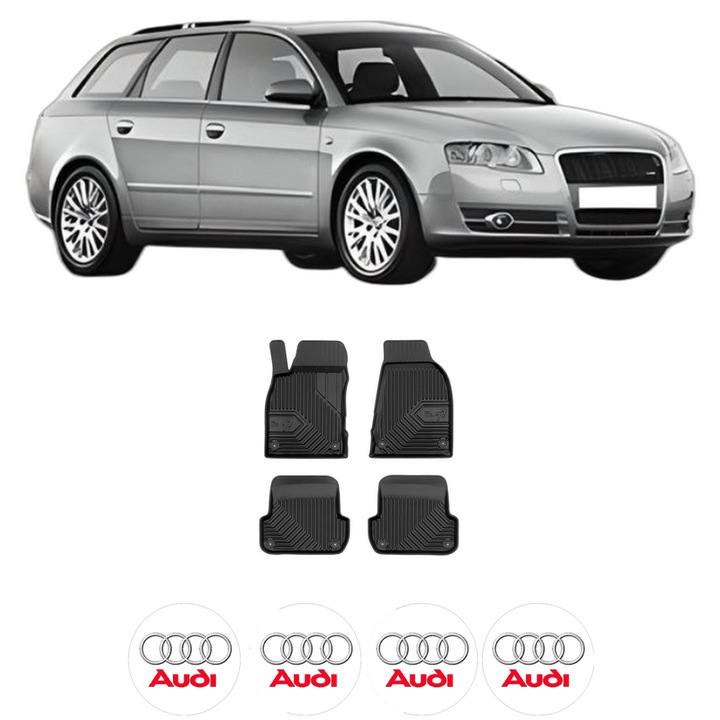 Set covorase presuri AUDI A4 B7 Avant (8ED) din 2004-2008, auto, din cauciuc thermoplastic, 4 Stickere auto cu AUDI