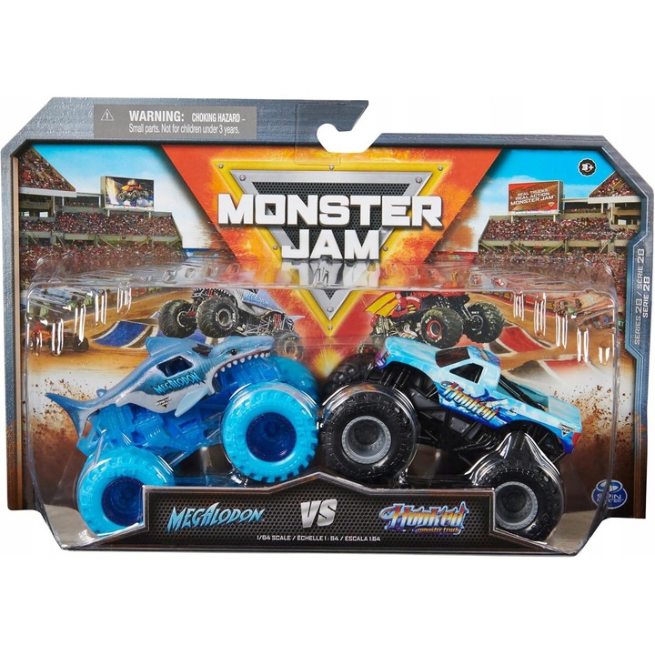 Monster Jam, Megalodon vs Hooked, 1:64 méretarányú, hivatalos BKT gumiabroncsokkal, 2 db fém kisautó szett