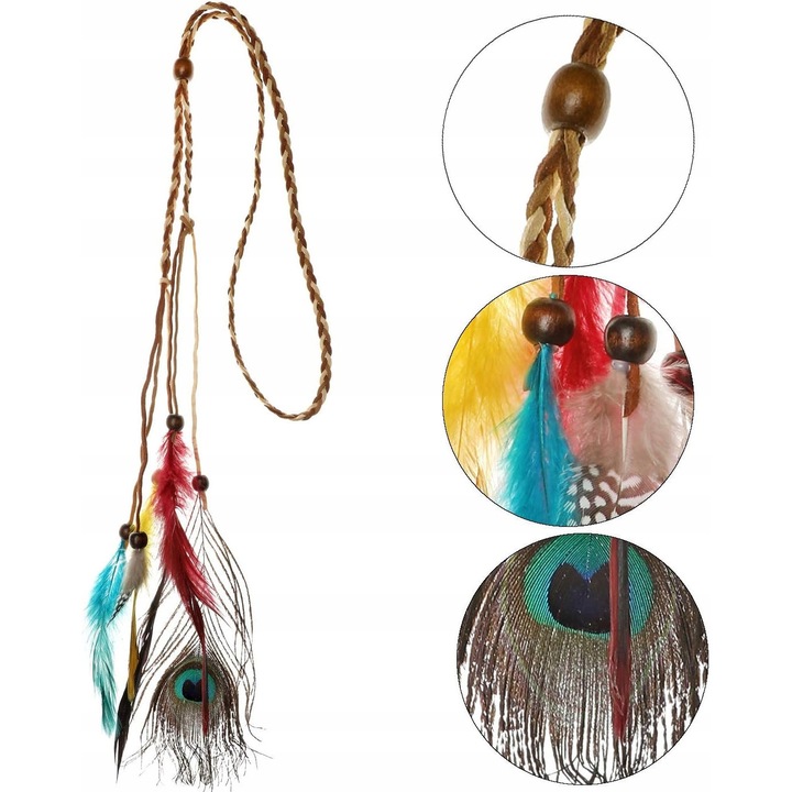 Accesorii indiene, banda pe frunte cu pana si perle, colier indian, cercei cu pana, multicolor, lungime reglabila