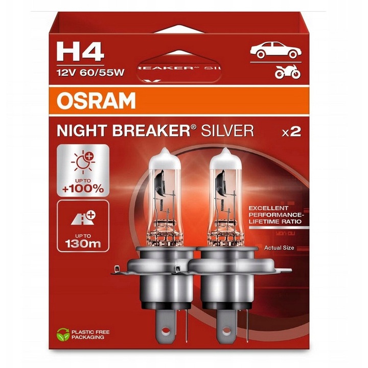 Becuri auto OSRAM NIGHT BREAKER SILVER H4 100% 12V 60/55W set 2 bucati, argintiu